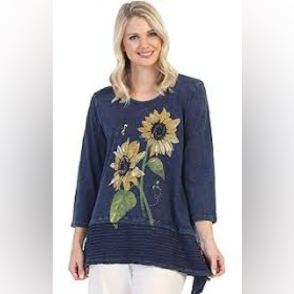 Jess & Jane Sunny Garden Mineral Washed Cotton Asymmetric Tunic Top size Large - Picture 1 of 16